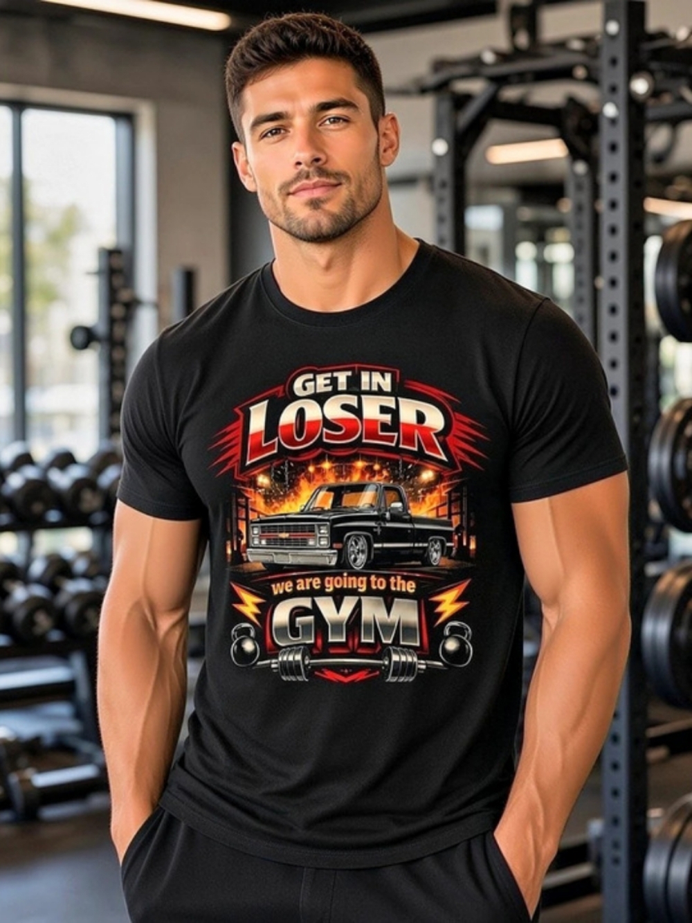 81 gears Men's Get In Loser Gym Graphic T-Shirt Black Cotton Jersey XL